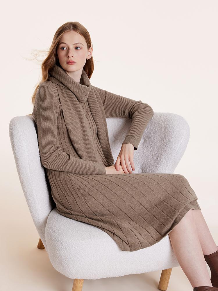 Tencel Wool Slim Knitted Midi Work Dress With Scarf GOELIA