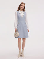 Acetate Blend Ruffle Neck Women Mini Dress With Detachable Bow GOELIA