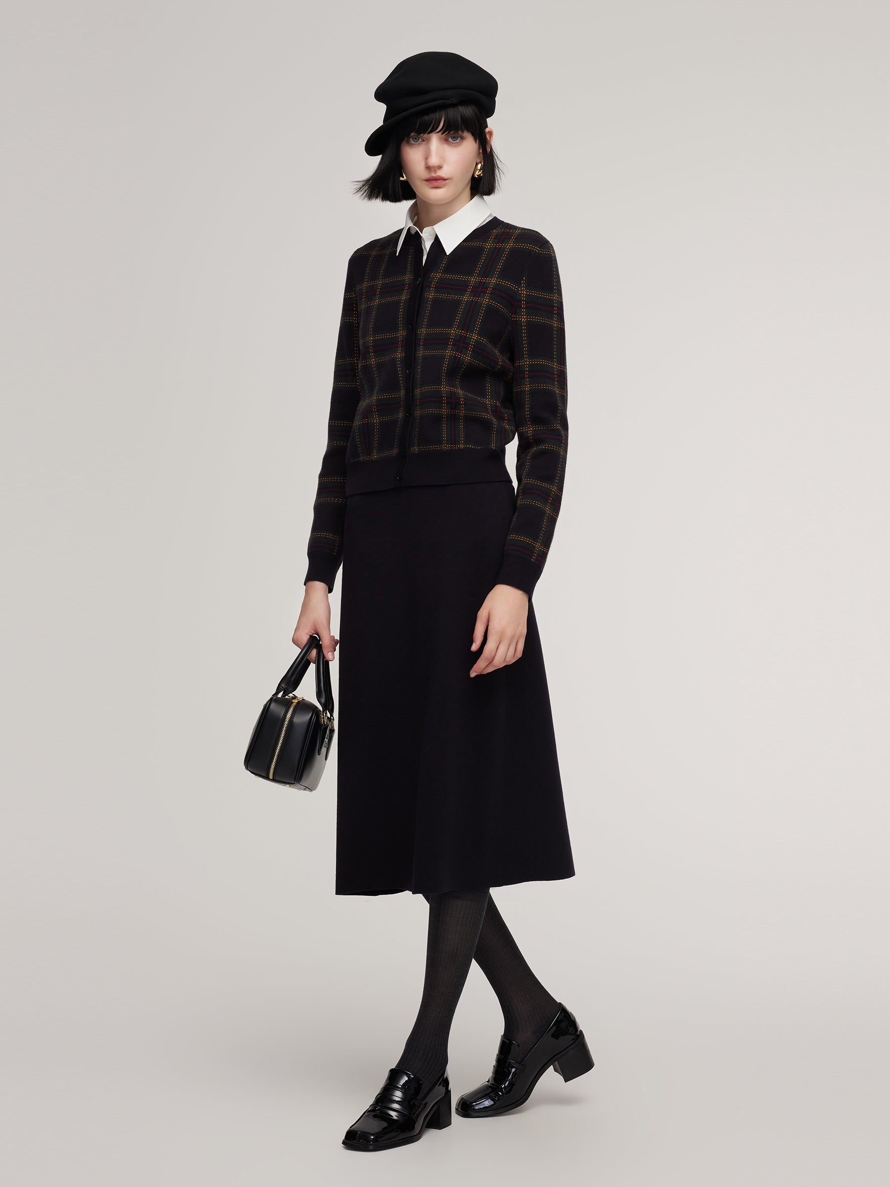 [Preview] Tencel Blend Plaid Cardigan And Skirt Two-Piece Set GOELIA