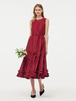 Tencel Ruffle Hem Women Tiered Vest Midi Dress With Slip Dress And Belt GOELIA