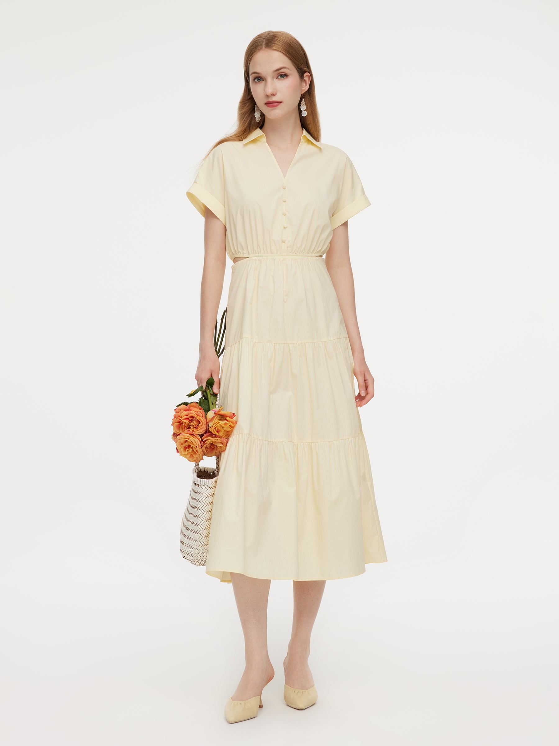 100% Cotton V-Neck Back Tie Women Maxi Shirt Dress GOELIA