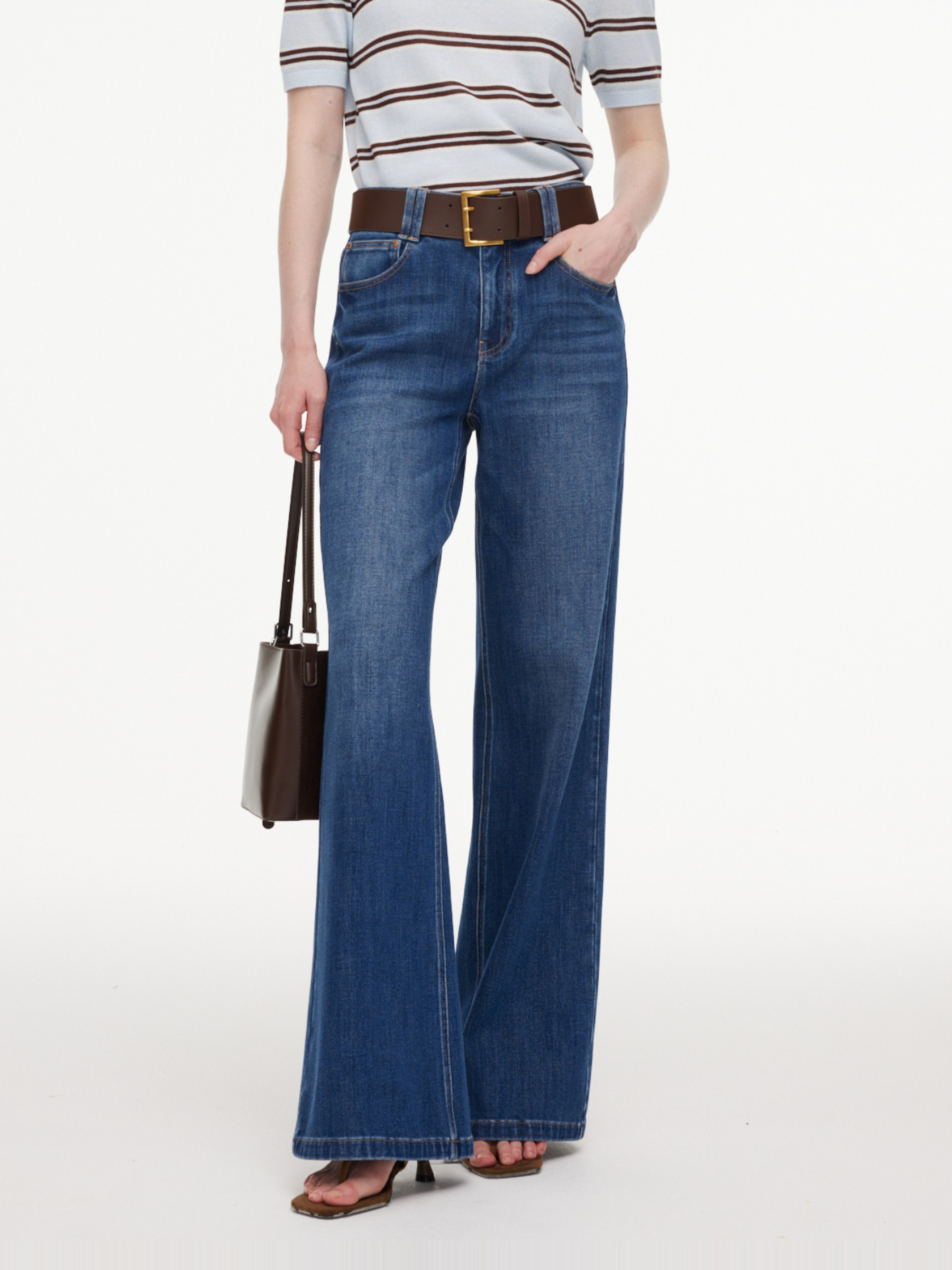 Lyocell Blend Denim Women Flared Palazzo Jeans With Belt GOELIA