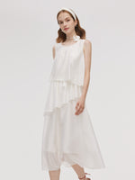 Tencel Blend Ruffle Women Tiered Sleeveless Midi Dress GOELIA