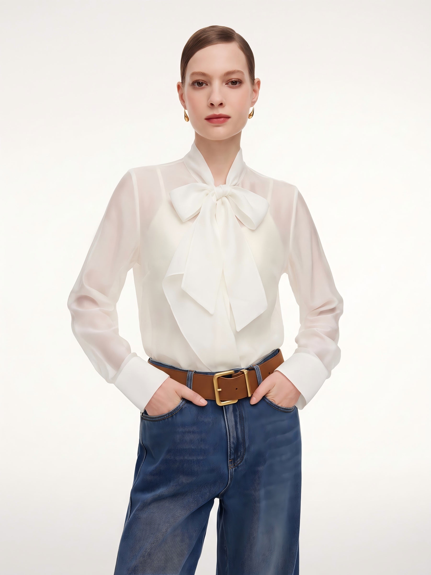 Ribbon Neck Women Shirt With Knit Camisole GOELIA
