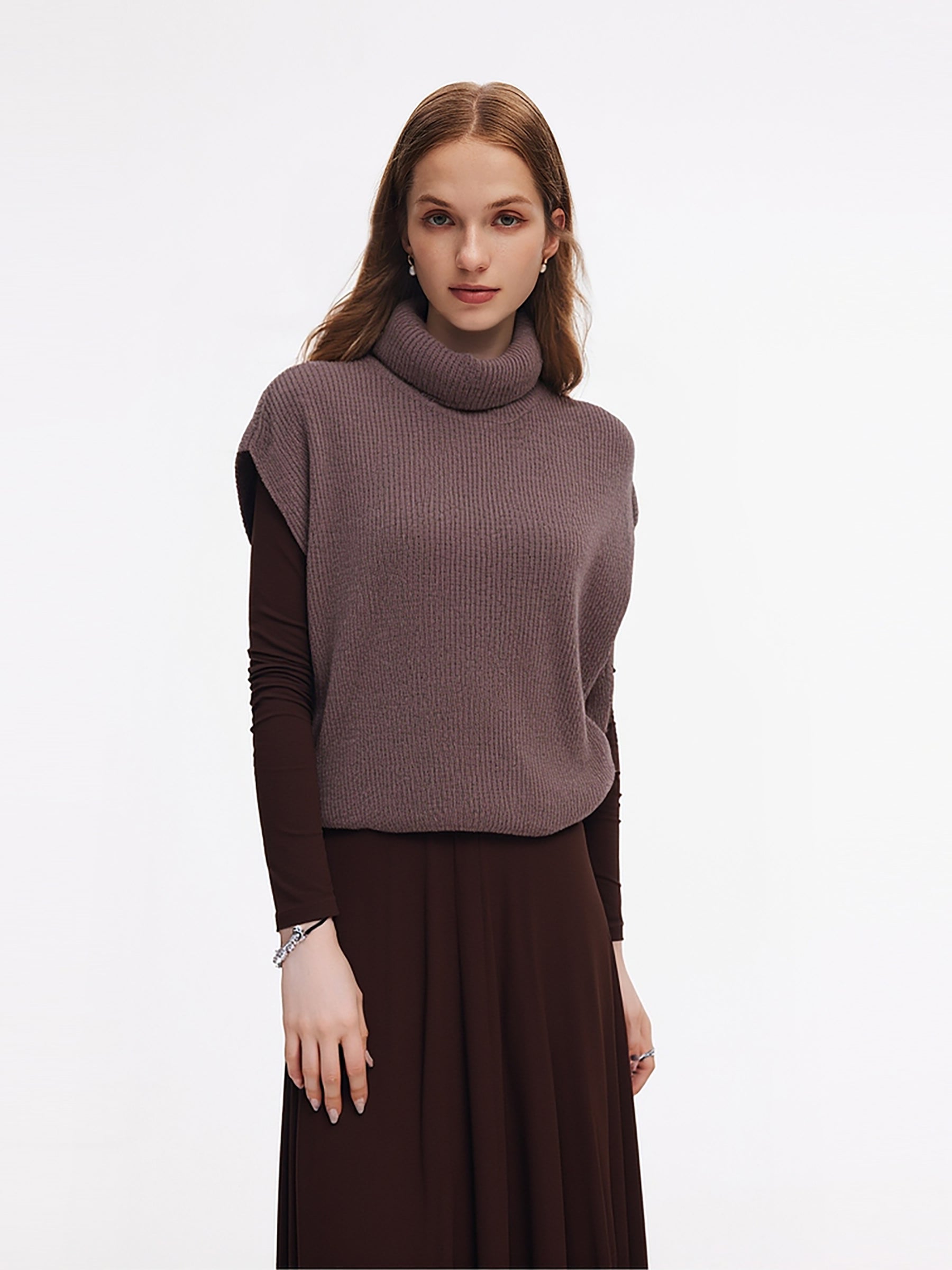 [Preview] 100% Wool Turtleneck Knit Vest And Midi Dress Two-Piece Set With Hairband GOELIA