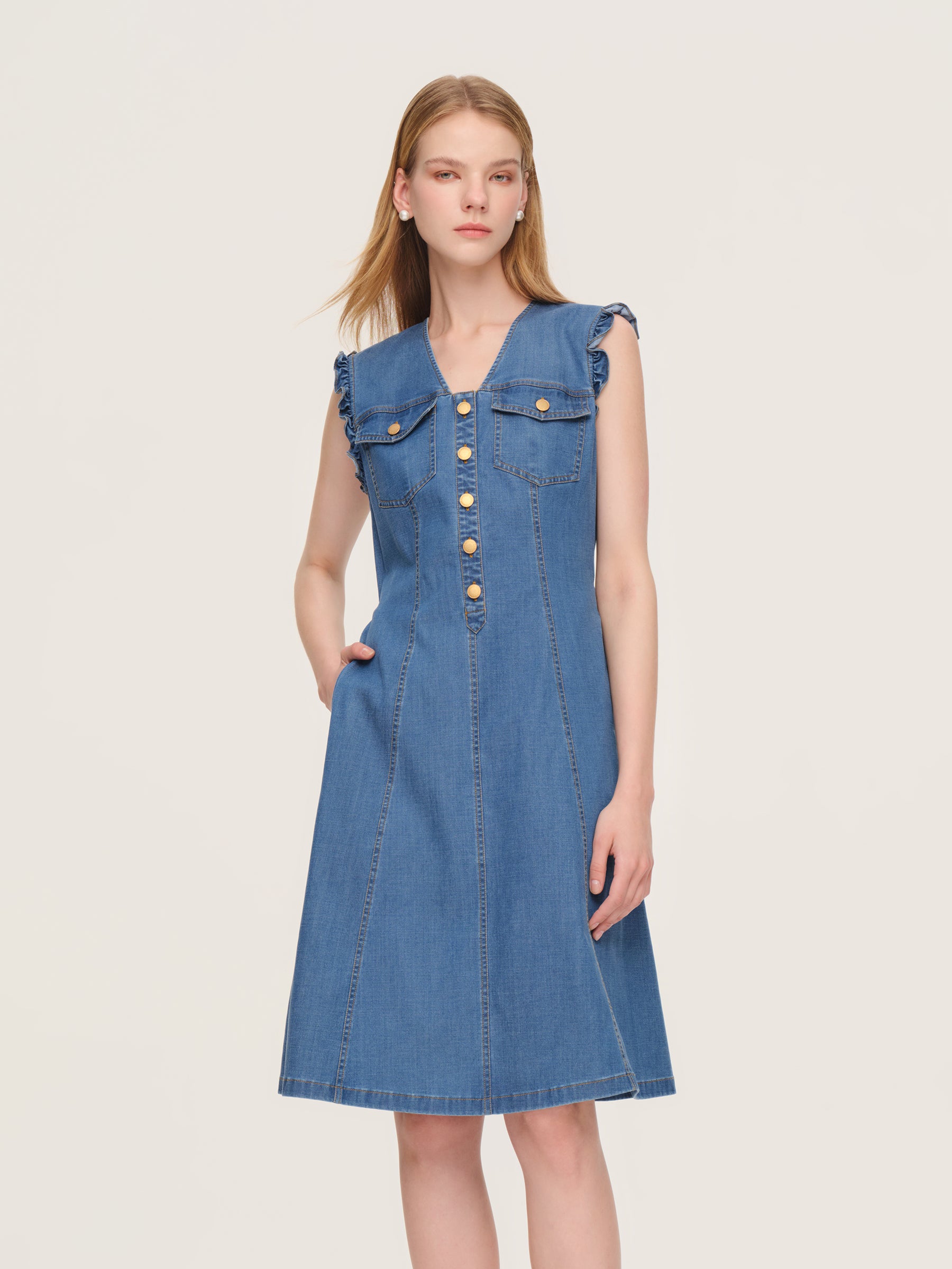 Lyocell Blend Denim V-Neck Women Sleeveless Midi Dress GOELIA