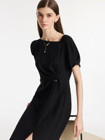 Acetate Asymmetric Neck Slit Twist Waist Women Midi Dress GOELIA