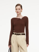 Wool Blend Boat Neck Women Knit Top With GO Letter Clip GOELIA