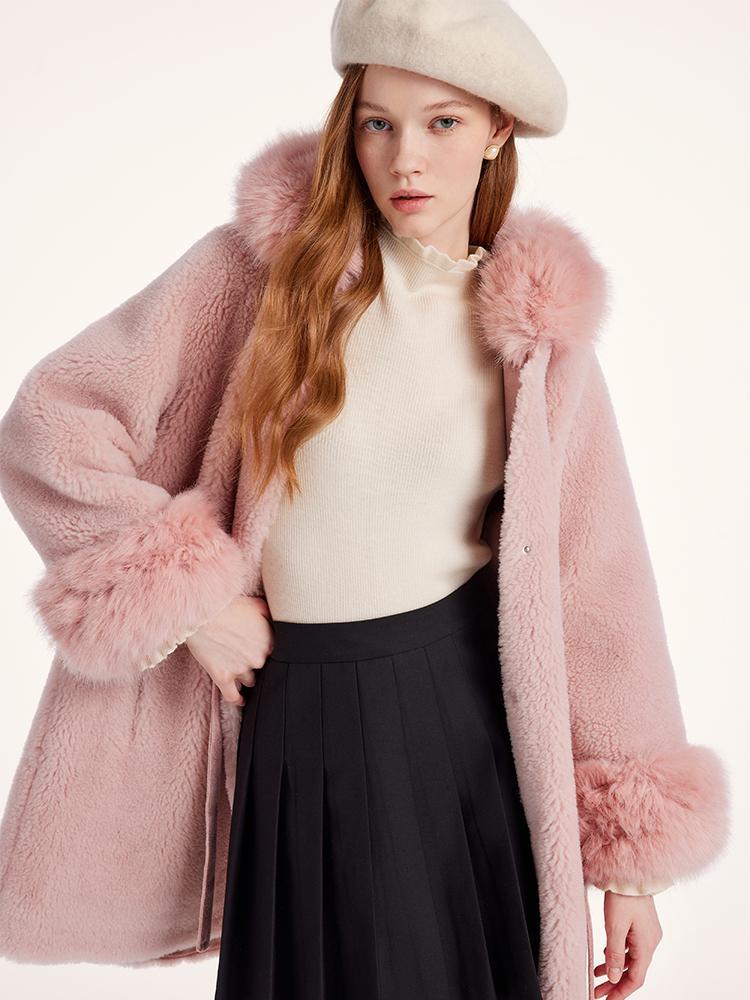 Pink Mid-Length Ruched Velour Coat With Adjustable Ties GOELIA