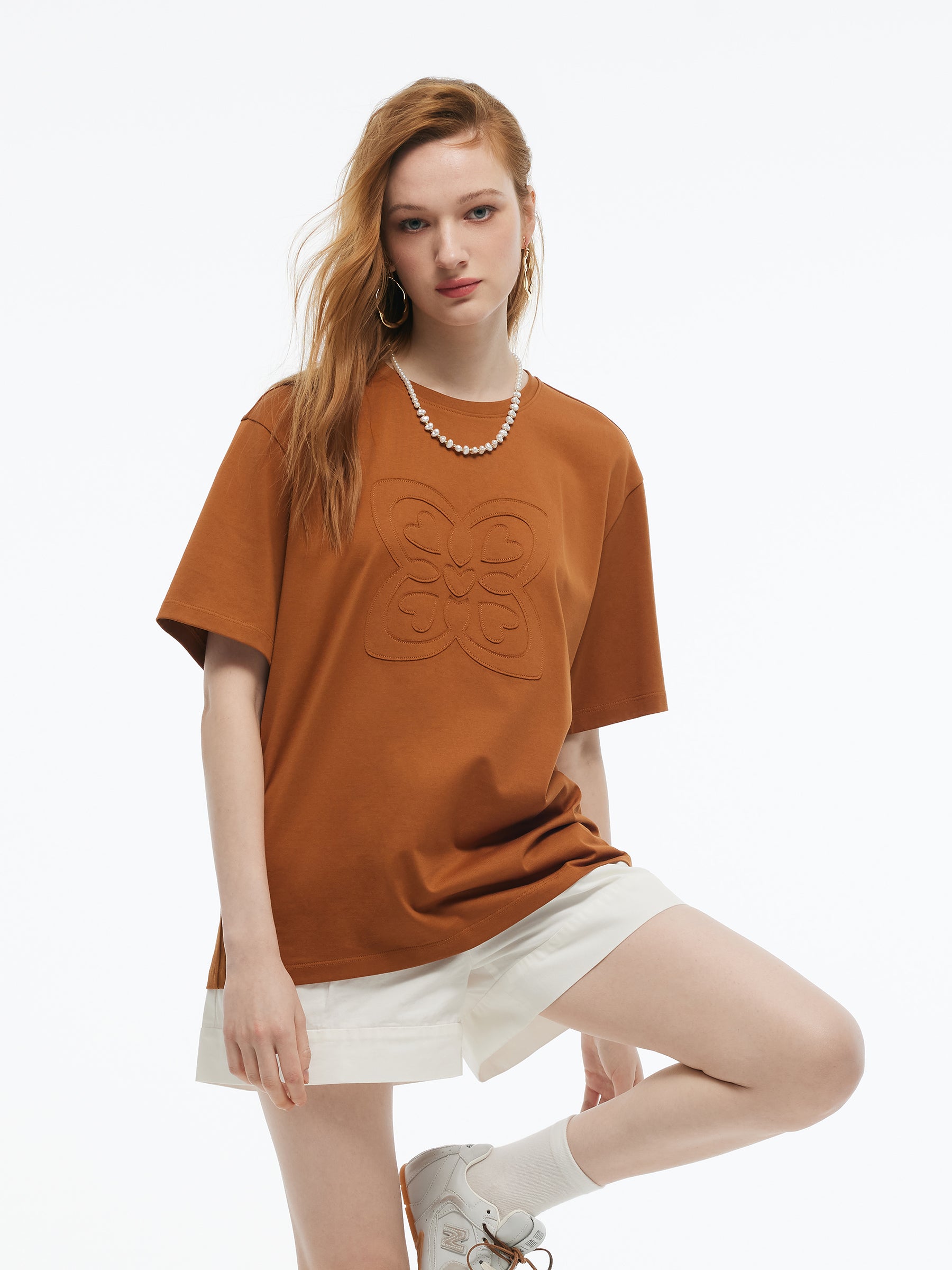 Applique Embroidered Women Loose Fit Knit T-Shirt GOELIA