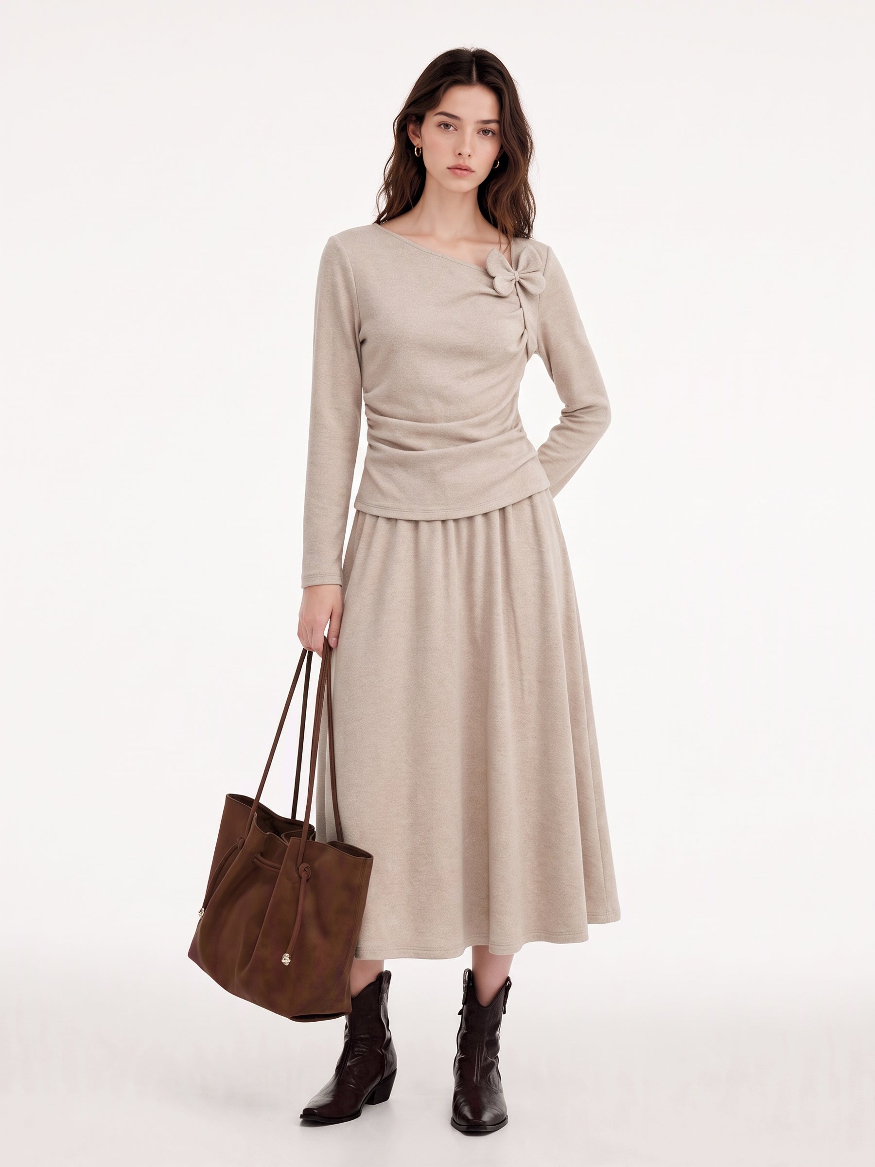 Asymmetric Bow Ruched Knit Top And Skirt Two-Piece Set GOELIA