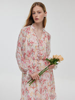 10 Momme Mulberry Silk Iris Printed Ruffle Women Mini Dress GOELIA