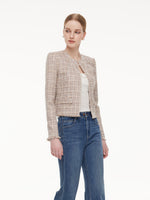 Wool Blend Textured Tweed Frayed Hem Women Jacket GOELIA