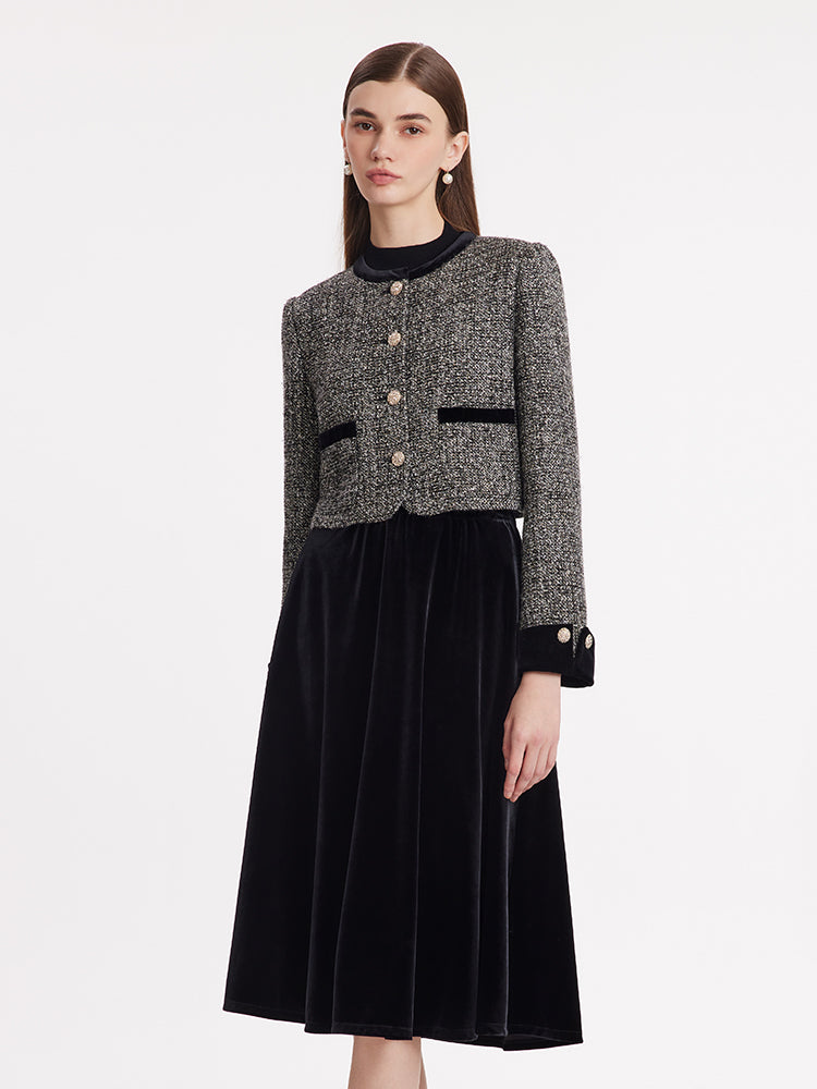 Tweed Crop Jacket And Velvet Skirt Two-Piece Set – GOELIA