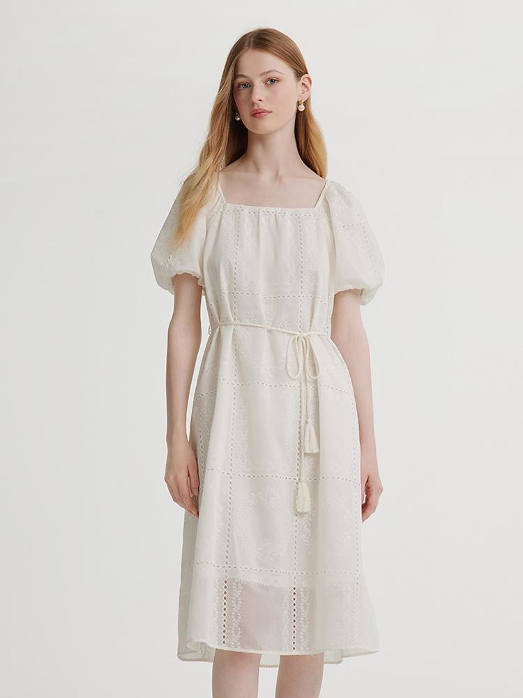 Square Neck Embroidered Midi Dress With Belt GOELIA