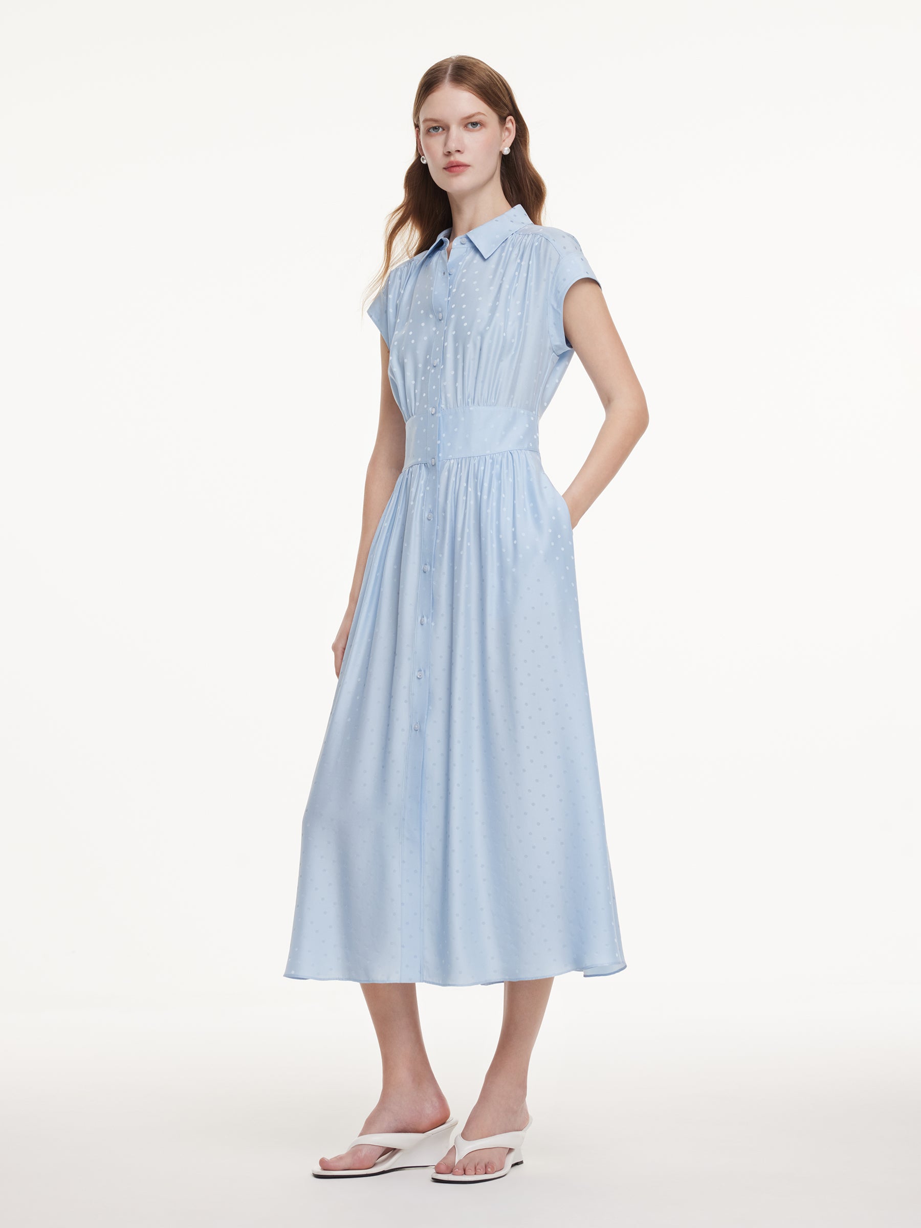 16.5MM Mulberry Silk Polka Dots Jacquard Women Maxi Shirt Dress GOELIA