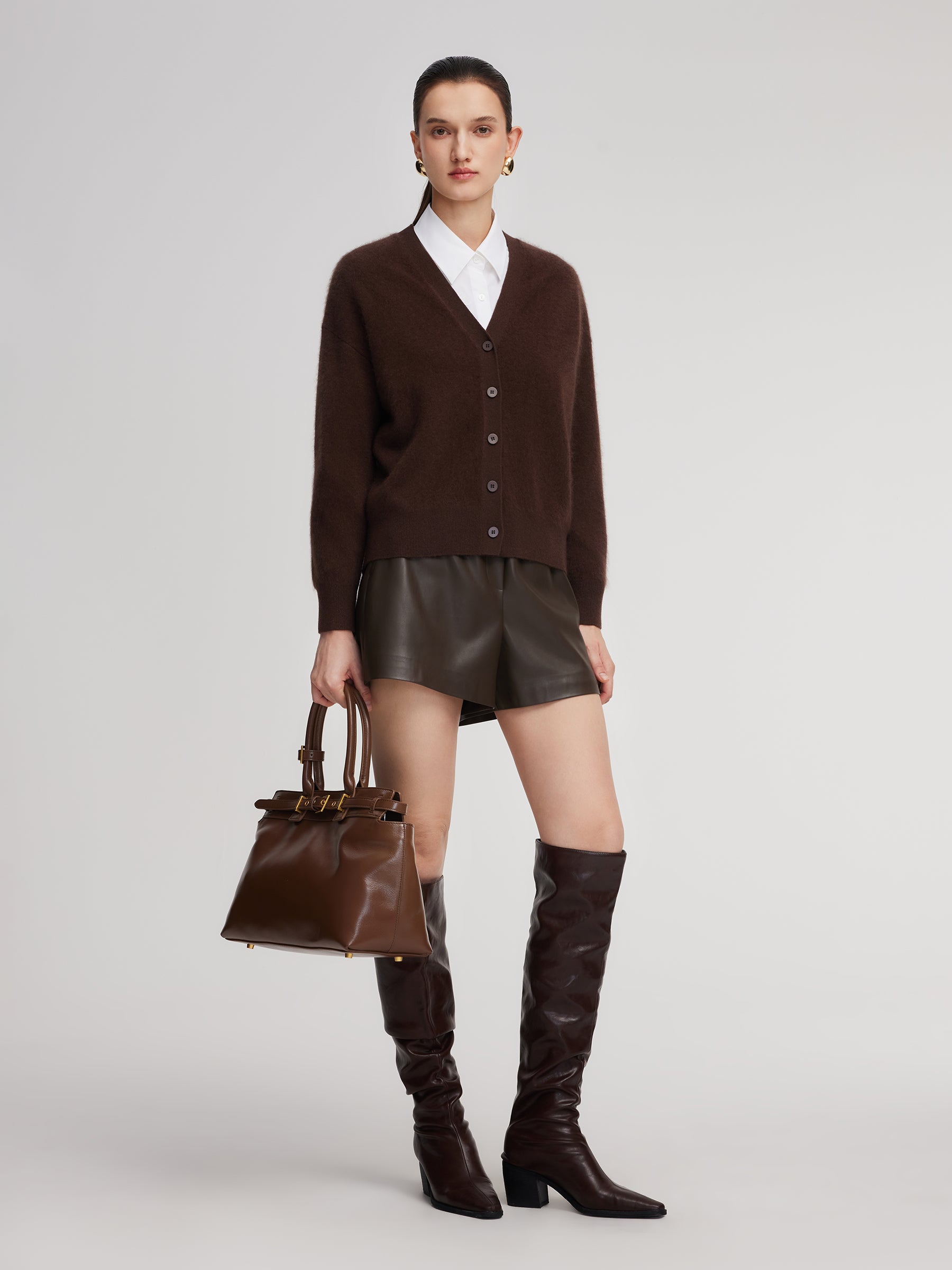 100% Brushed Wool V-Neck Women Cardigan GOELIA