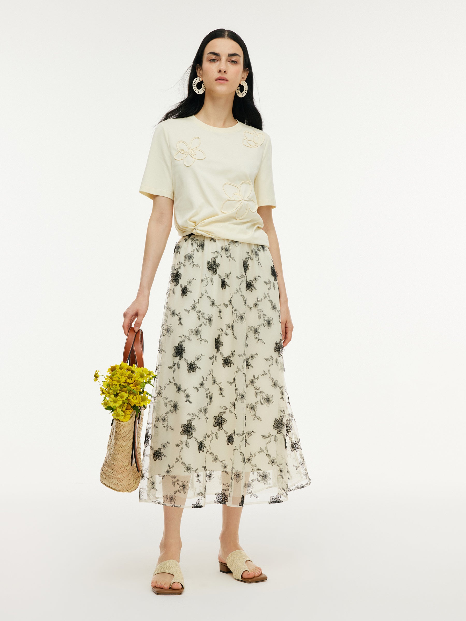 Floral Embroidered Women Elastic Waist Mesh Skirt GOELIA