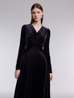 Velvet Twist Front Women V-Neck Pleated Maxi Dress GOELIA