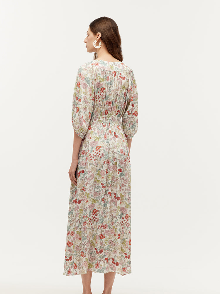 Women Summer French V-Neck Mulberry Silk Midi Dress with Floral Print