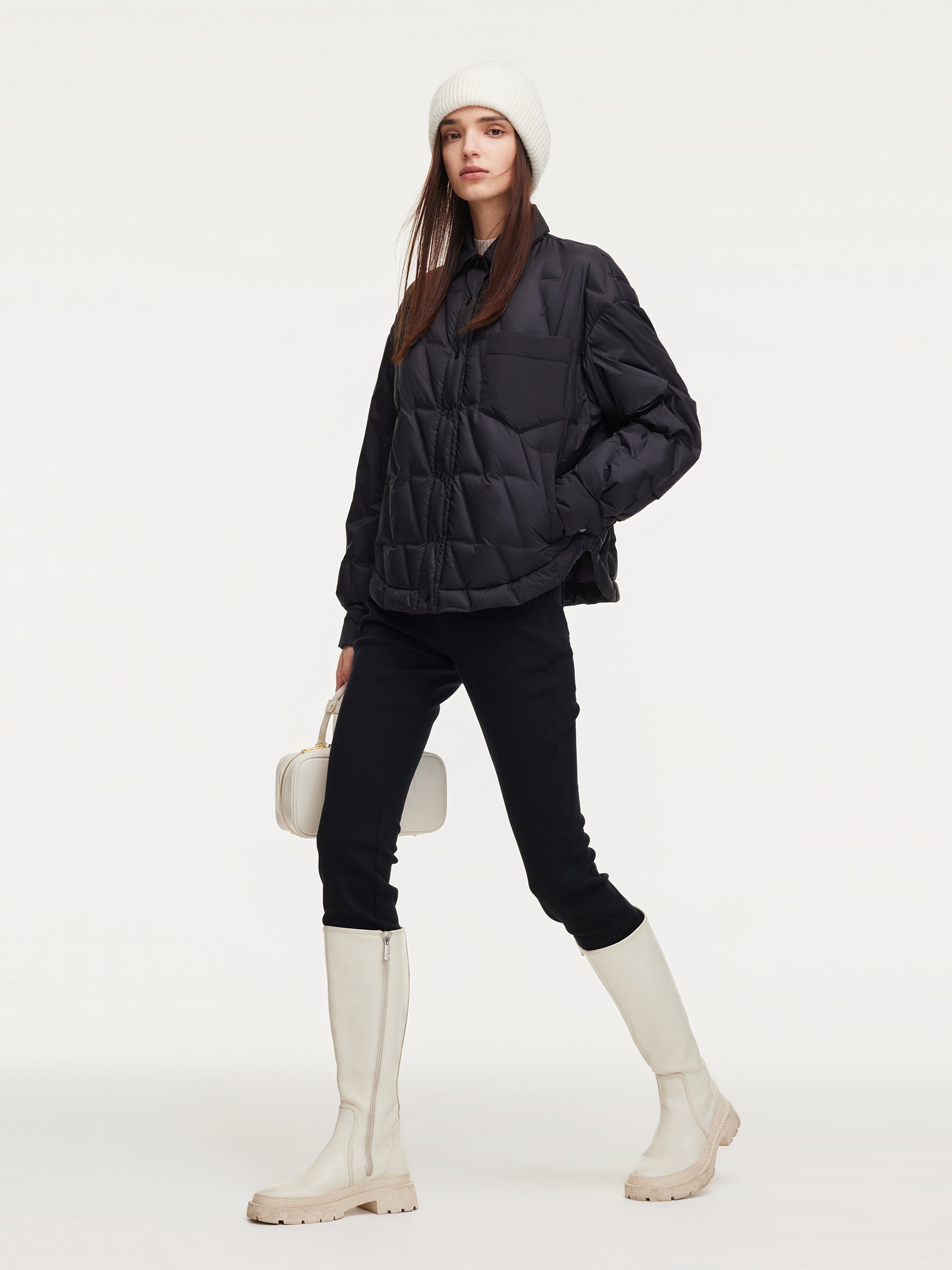 Drawstring Hem Shirt Collar Goose Down Jacket GOELIA