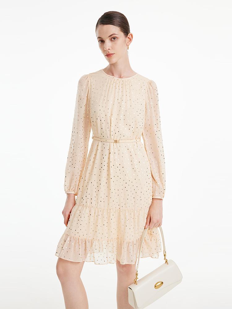 10 Momme Silk Polka Dot Midi Dress With Belt GOELIA