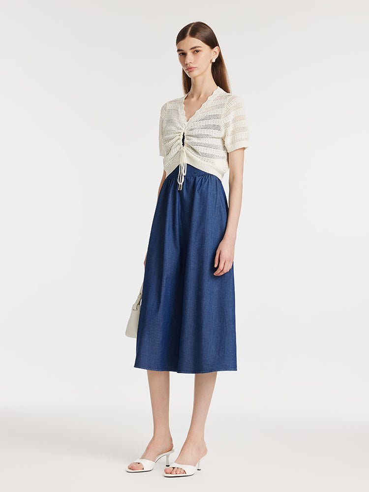 Openwork Drawstring Cardigan And Denim Spaghetti Strap Dress Two-Piece Set GOELIA