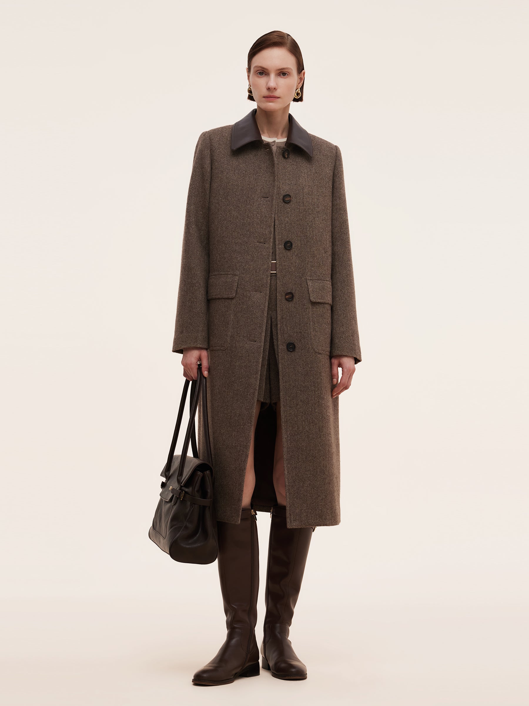 100% Washable Wool Leather Collar Women Coat GOELIA