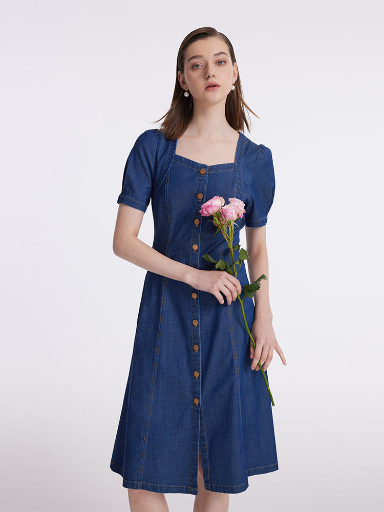 Denim Puff Sleeves Single-Breasted Women Midi Dress GOELIA