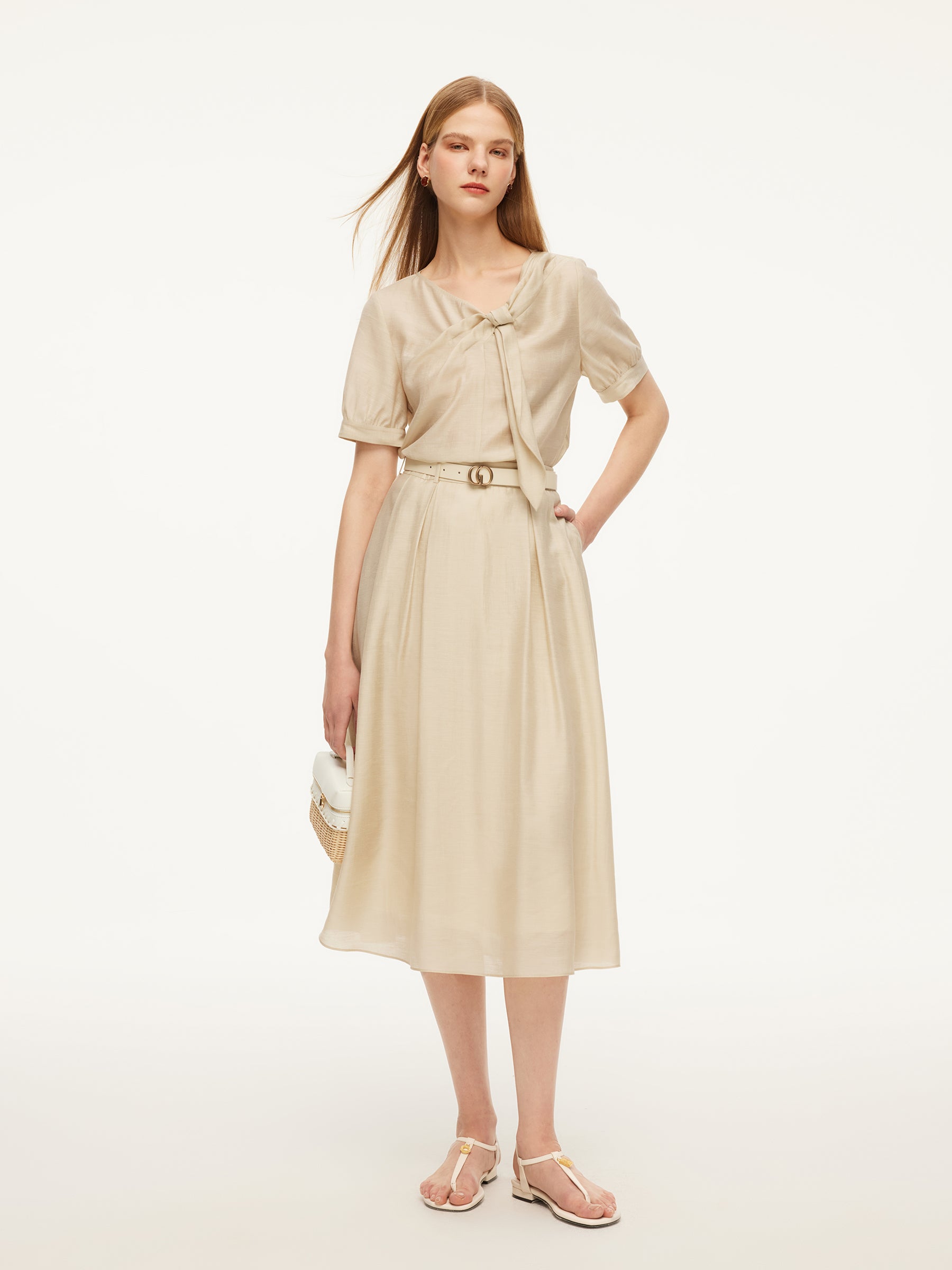 Tencel Acetate Linen Blend Women A-Line Skirt With Belt GOELIA