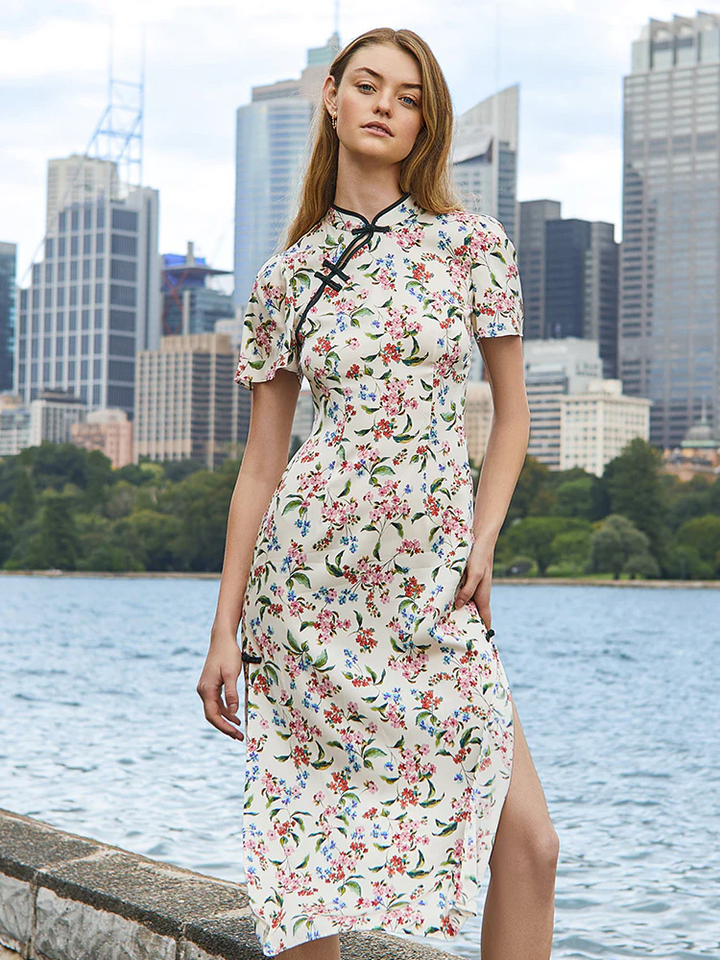 Women's Modern Cheongsam Maxi Dress - Floral Brocade Qipao With Stand Collar & Short Sleeves - View #11