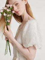 Square Neck Embroidered Midi Dress With Belt GOELIA