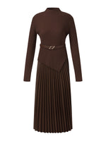 100% Wool Knit Top And PU Leather Skirt Two-Piece Set With Belt GOELIA