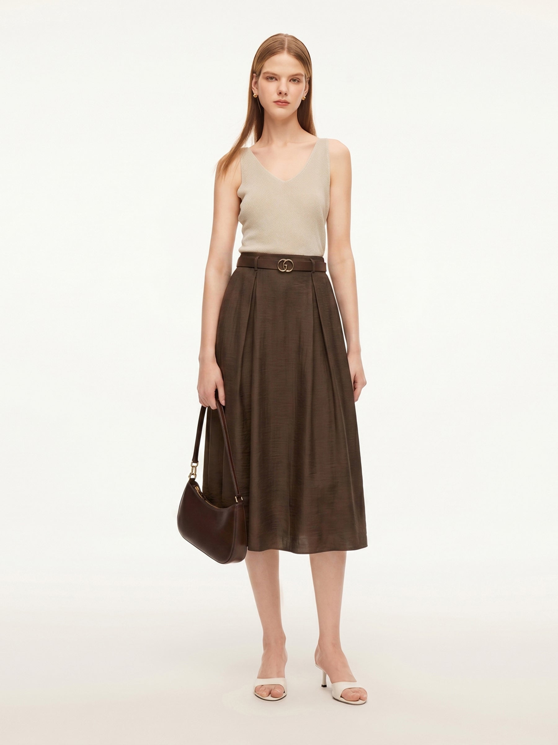 Tencel Linen Blend Women A-Line Skirt With Leather Belt GOELIA