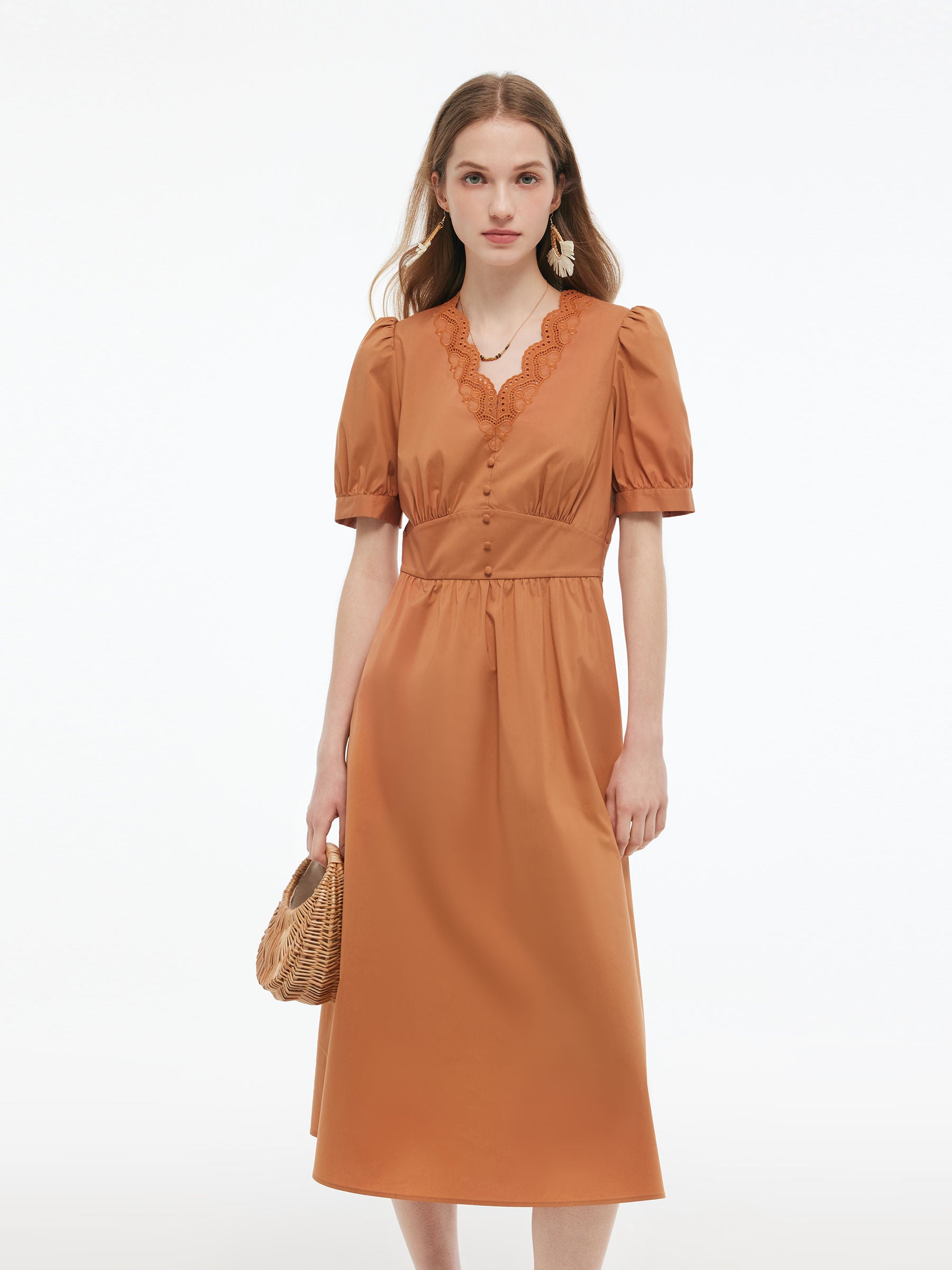 Embroidered Scallop Hem V-Neck Women Gathered Waist Maxi Dress GOELIA