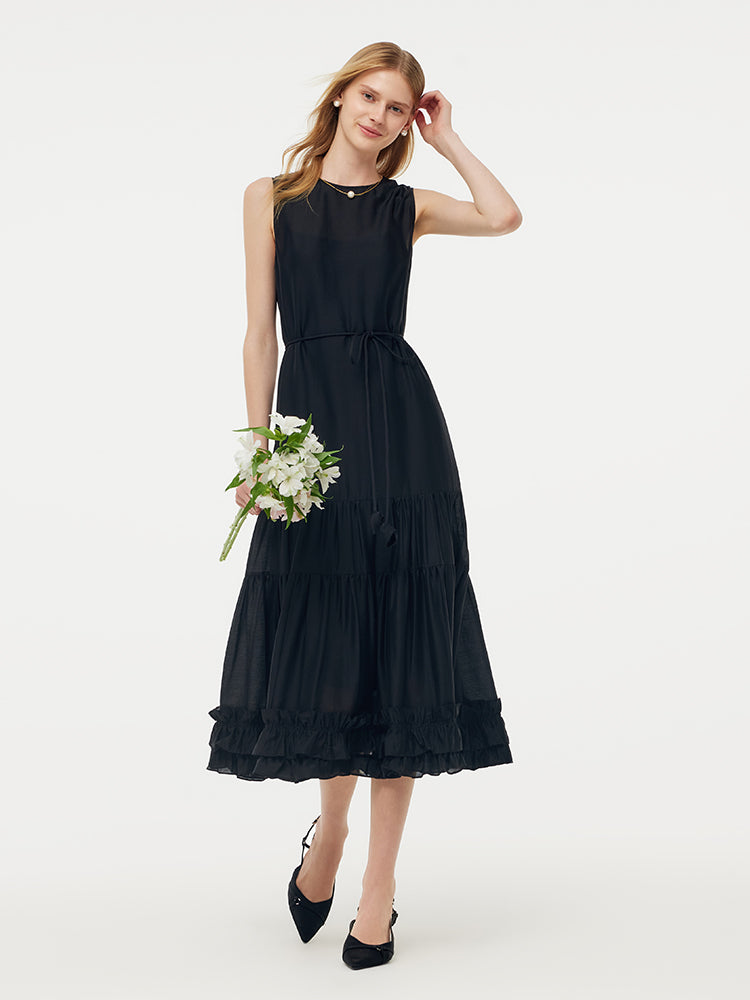 Tencel Ruffle Hem Women Tiered Vest Midi Dress With Slip Dress And Belt GOELIA