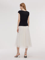 Adjustable Hem Knit Top And Mesh Pleated Skirt Two-Piece Set GOELIA