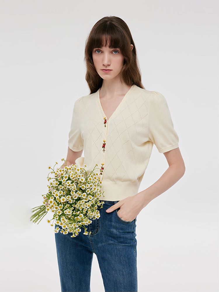 Tencel-Silk Blend Floral Embroidered Women Knit Top GOELIA