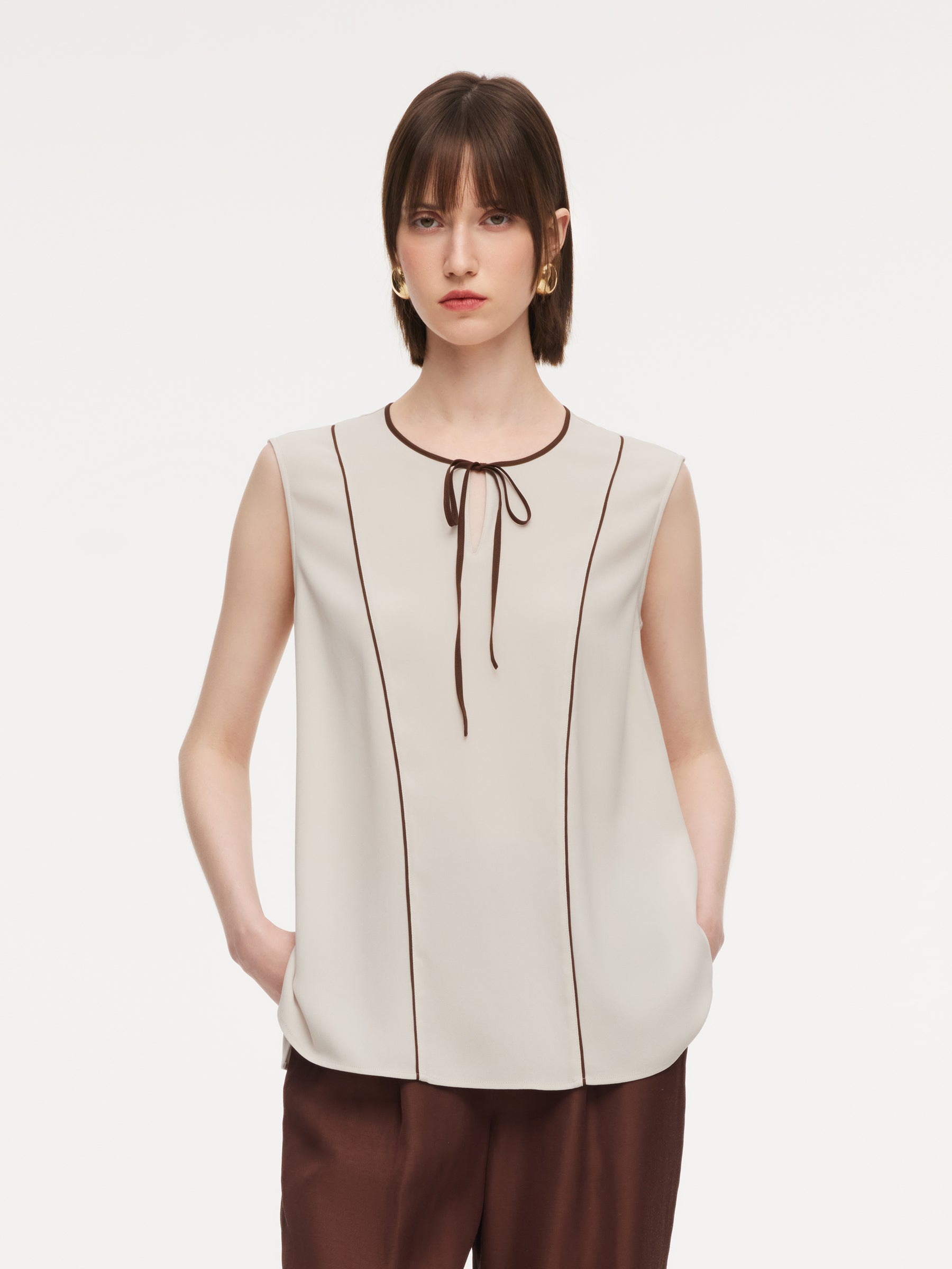 [Preview] Acetate Blend Tie Front Contrast Trim Women Tank Top GOELIA