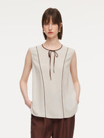 Acetate Blend Tie Front Contrast Trim Women Tank Top GOELIA