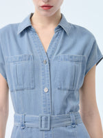 100% Cotton Denim Women V-Neck Maxi Shirt Dress With Belt GOELIA