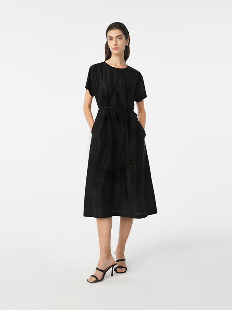 18 Momme Xiang Yun Silk Gathered Waist Women Midi Dress With Pockets GOELIA