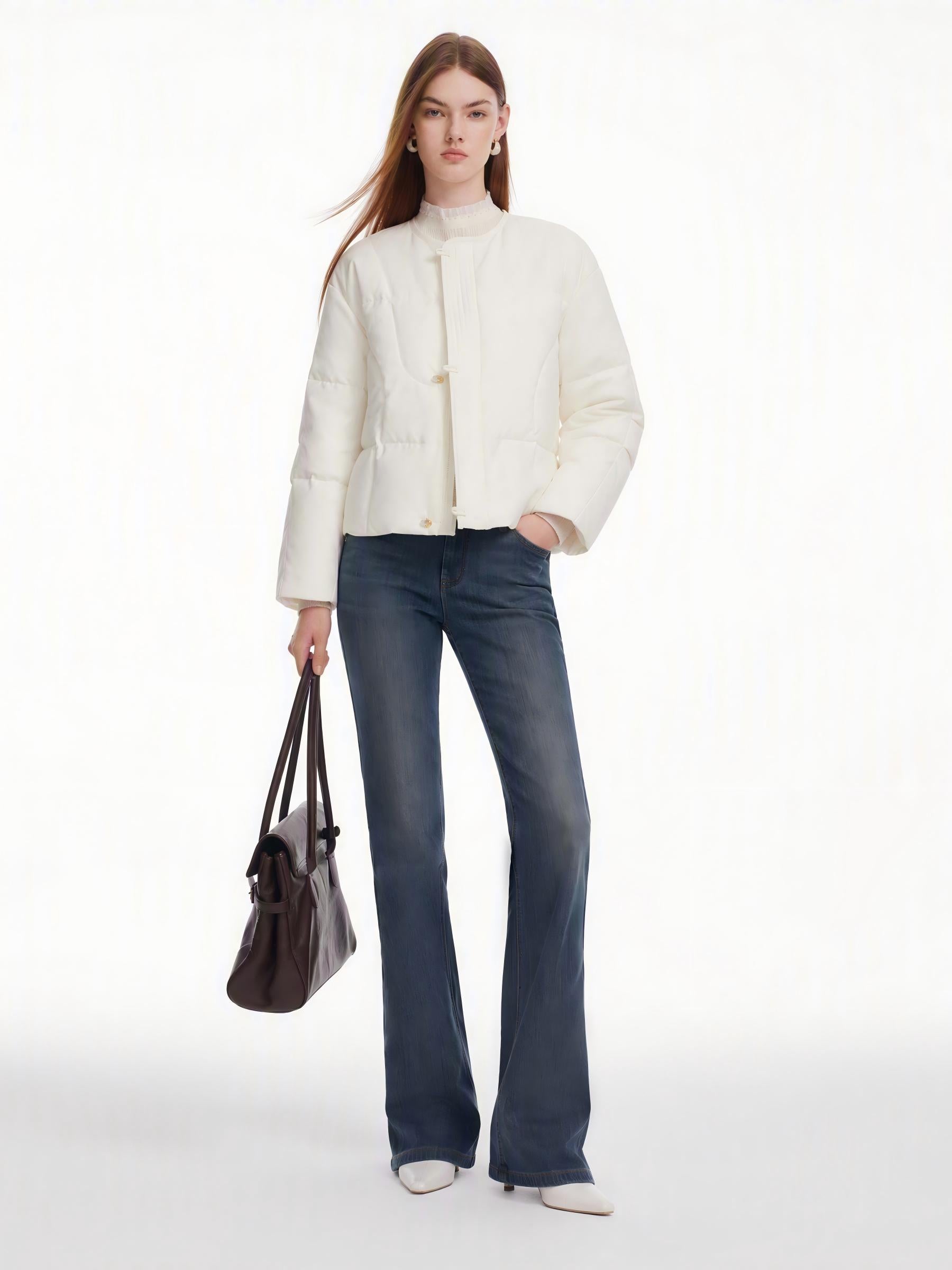 [Preview] Frog-Button Goose Down Cropped Jacket With Faux Fur Collar GOELIA