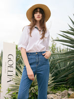 Puff Sleeves V-Neck Women Shirt With Silk Scarf GOELIA