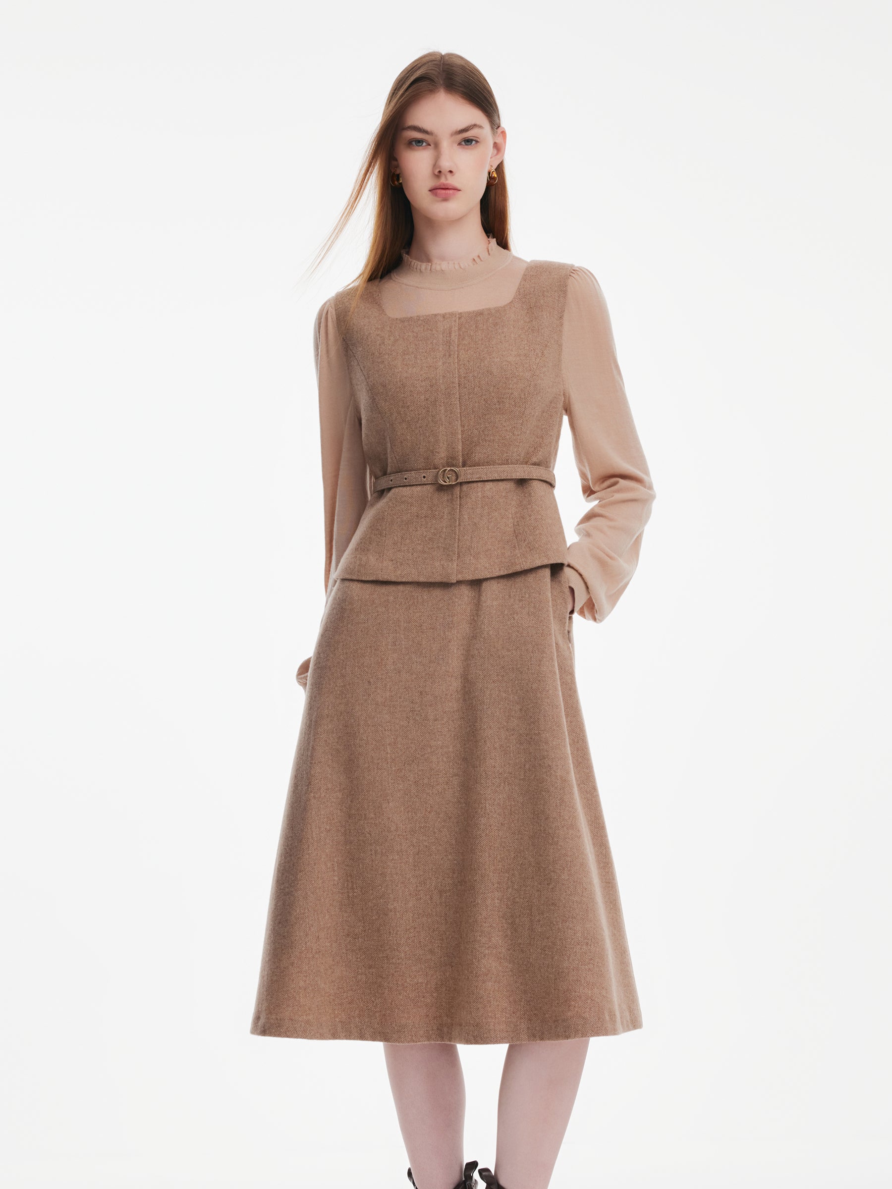 Washable Cashmere Merino Wool Blend Dress And Knit Top Belted Two-Piece Set GOELIA