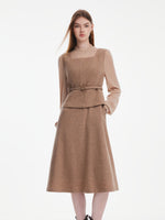 [Preview] Washable Cashmere Wool Blend Dress And Knit Top Belted Two-Piece Set GOELIA
