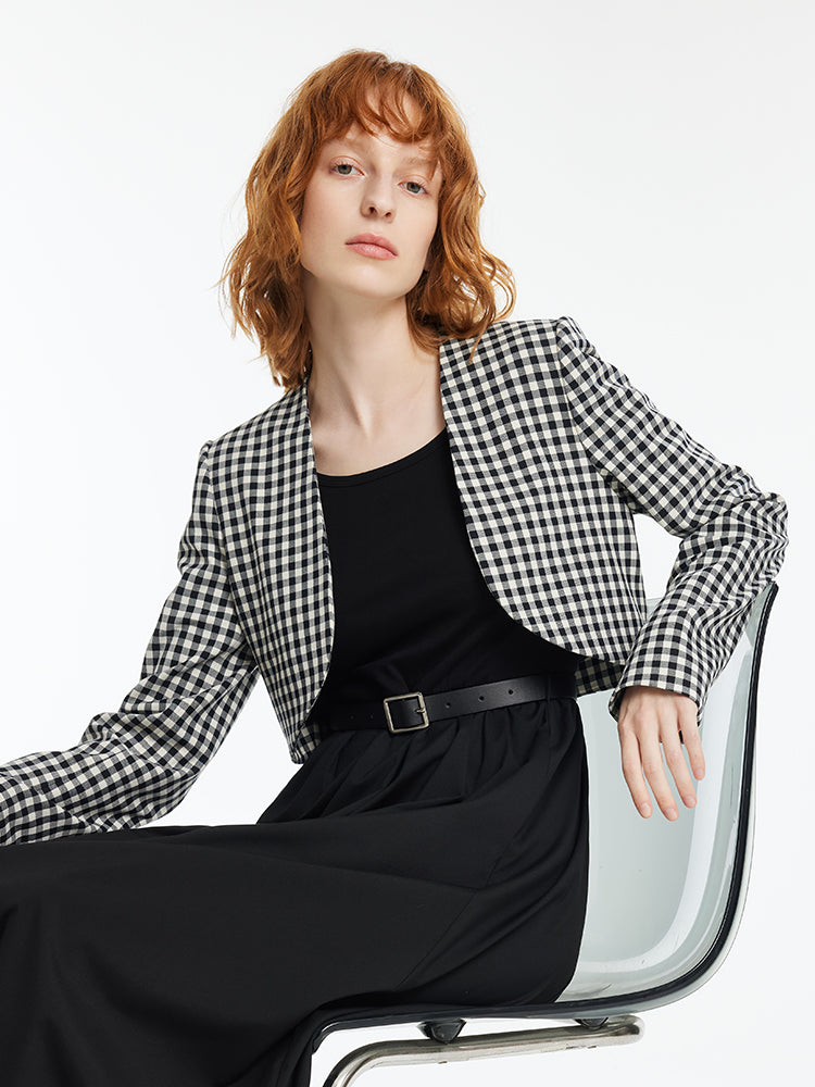 Black And White Check Crop Jacket And Dress Two-Piece Set With Belt GOELIA
