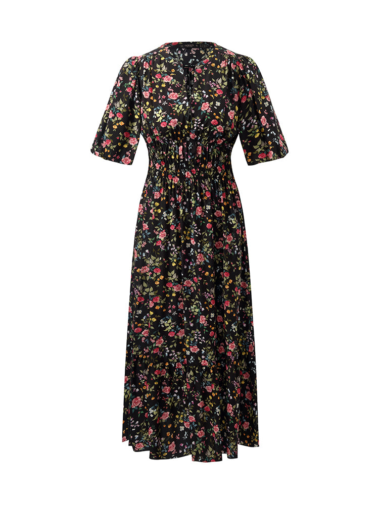 Mulberry Silk Rose Printed V-Neck Puff Sleeves Women Midi Dress GOELIA