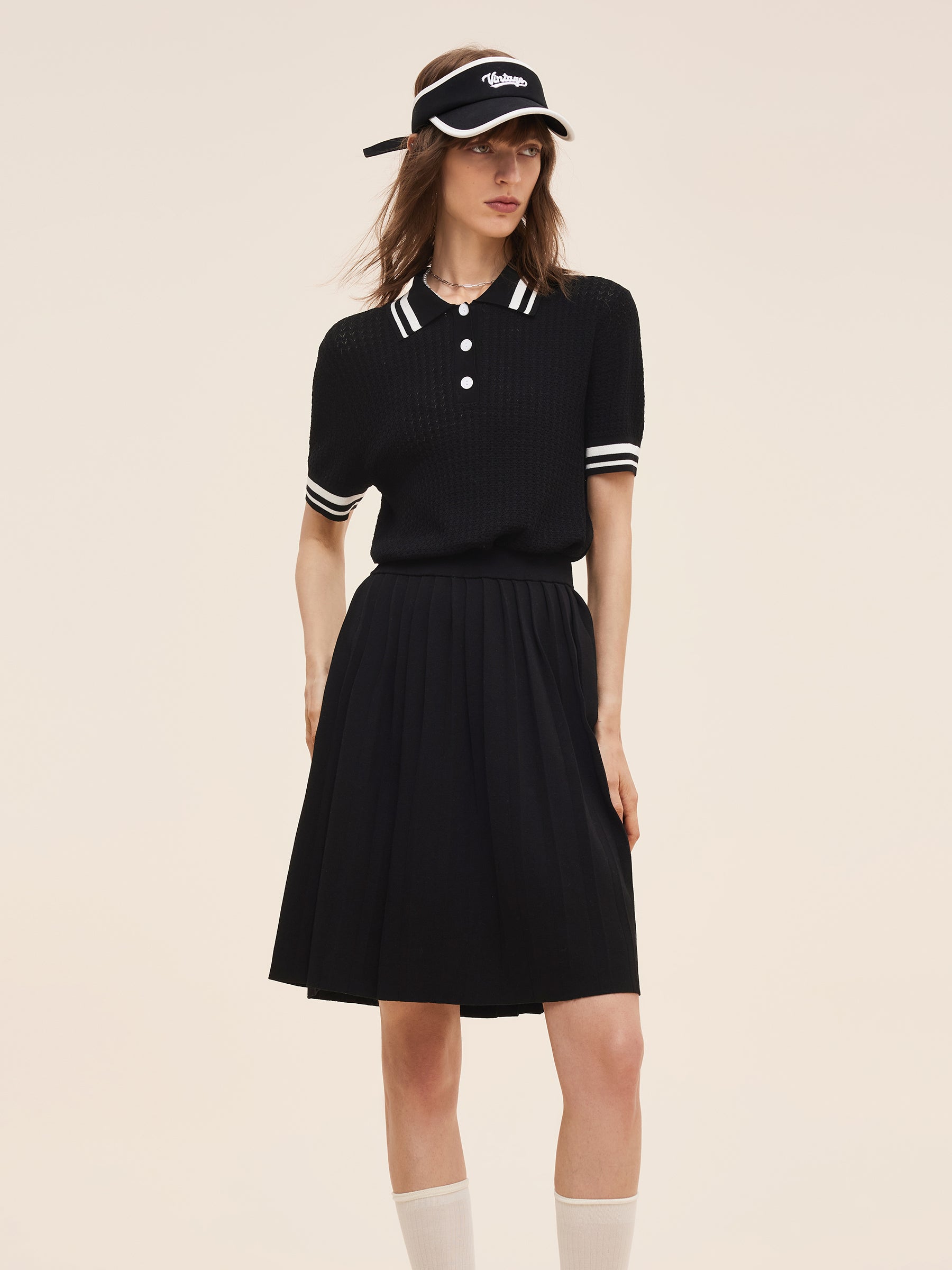 Tencel Blend Openwork Knit Top And Pleated Skirt Two-Piece Set GOELIA