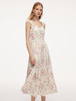 19MM Mulberry Silk Floral Print Women Maxi Dress With Ribbon GOELIA